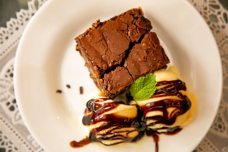 Warm Chocolate Brownie dessert at Dions